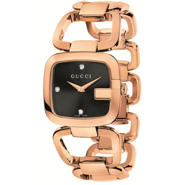 Gucci G Black Diamond Dial Rose Gold PVD Stainless Steel Ladies Watch YA125409