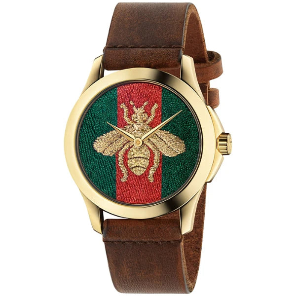 Gucci Le Marché Des Merveilles Bee Motif Brown Leather Strap Green Dial Quartz Unisex Watch – YA126451