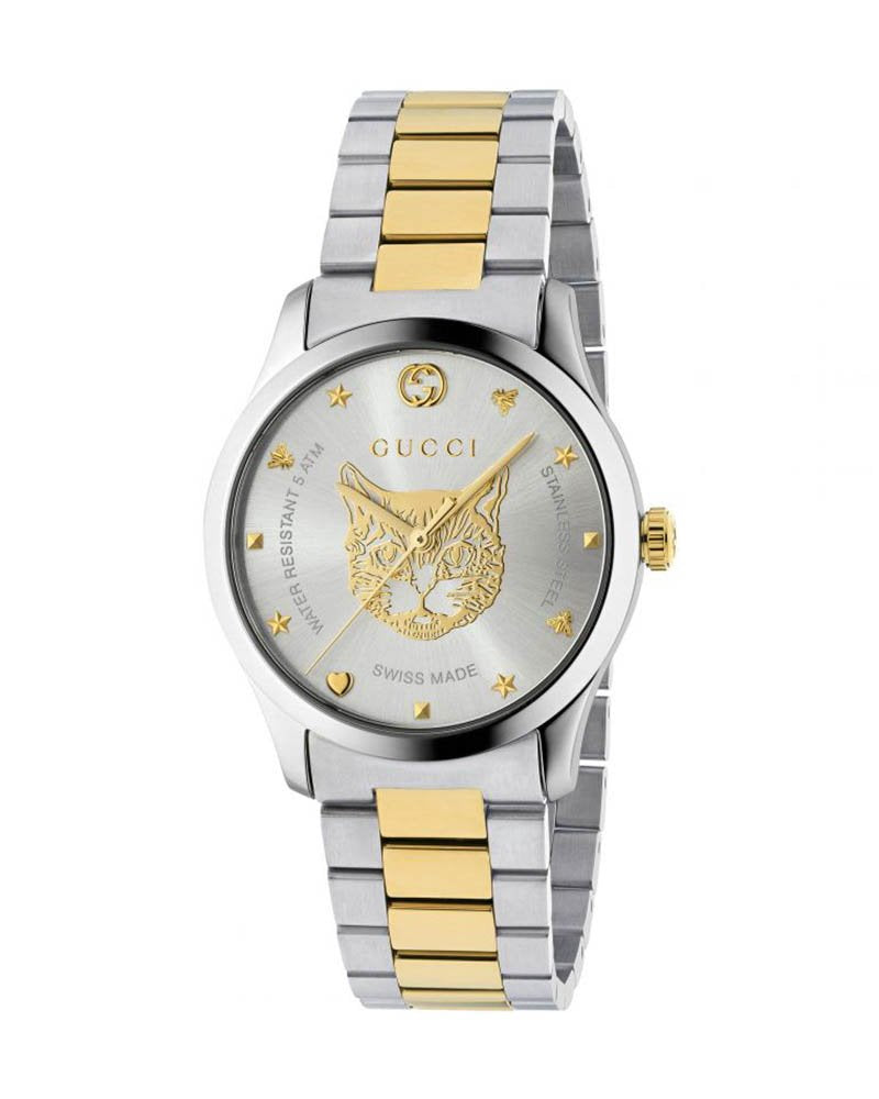 Gucci G-Timeless 38mm White Mother of Pearl Dial with Yellow Gold Feline Head Motif – YA1264074